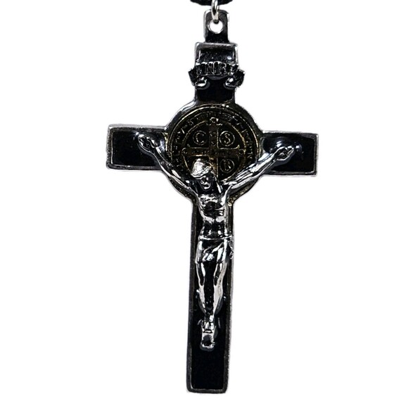 St. Benedict Crucifix Necklace Black Enamel Cross with Cord Catholic Pendant - Picture 2 of 9